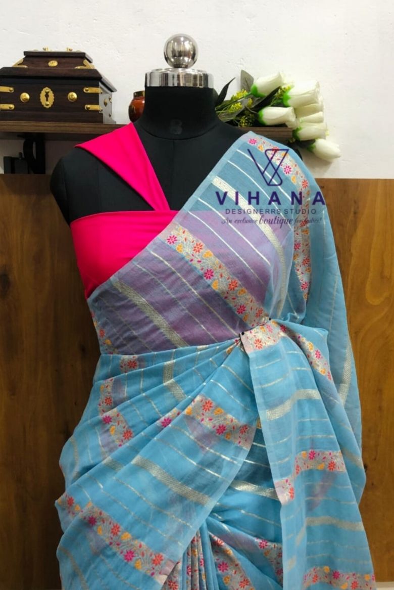 Light Blue Linen Cotton Saree - Image 3