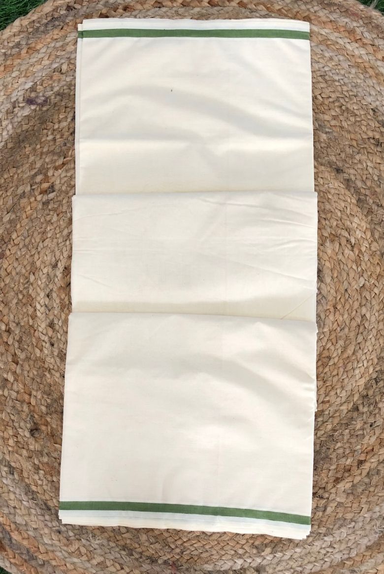 Parrot Green Puliyilakara Cotton Set Saree - Image 3