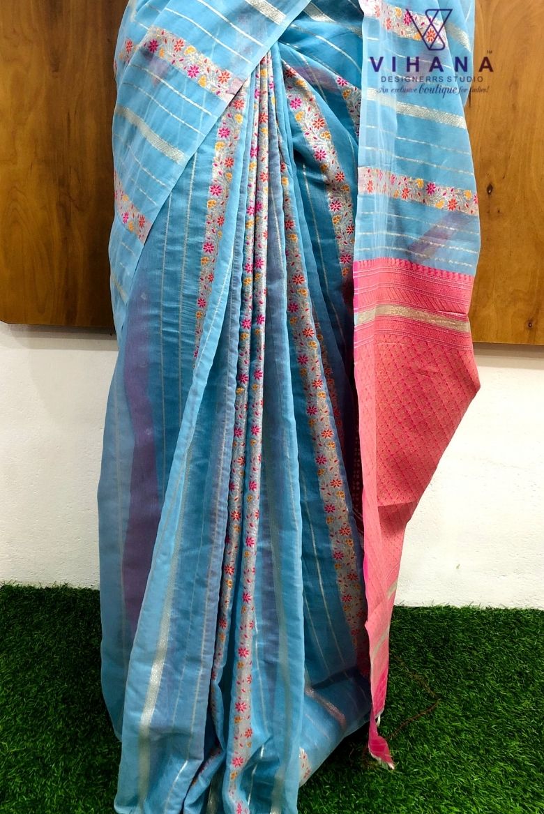 Light Blue Linen Cotton Saree - Image 4