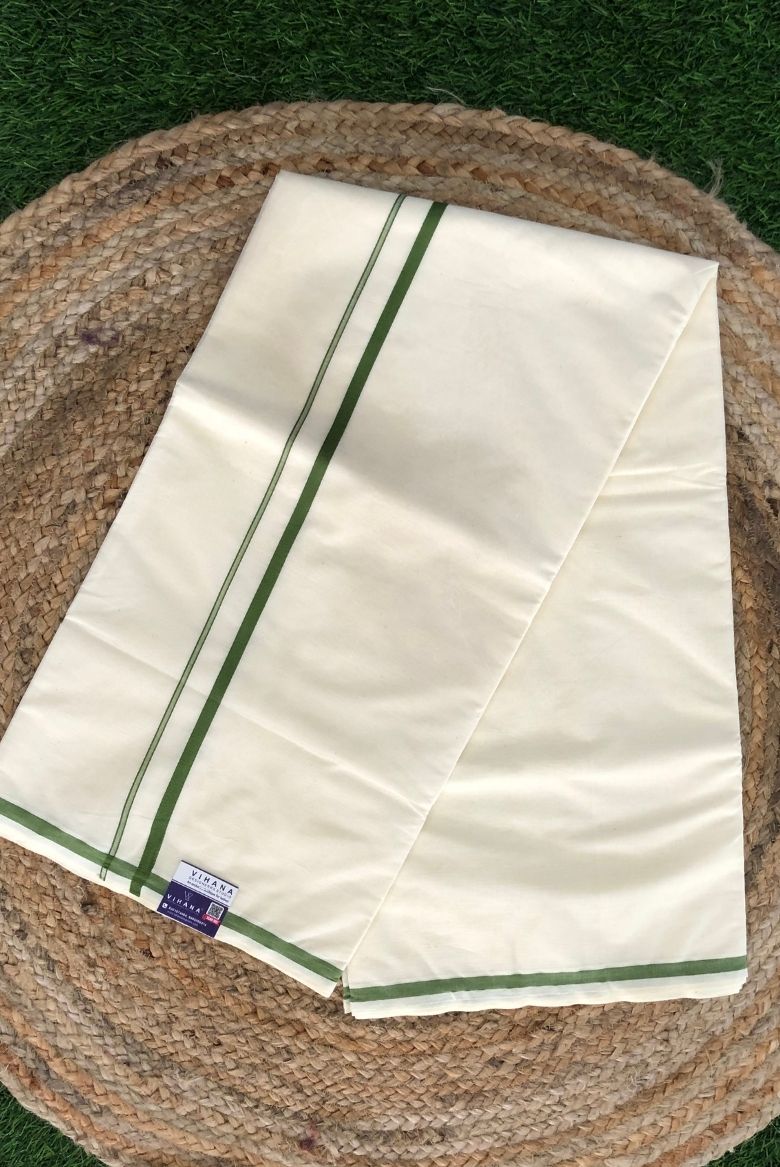 Parrot Green Puliyilakara Cotton Set Saree - Image 2