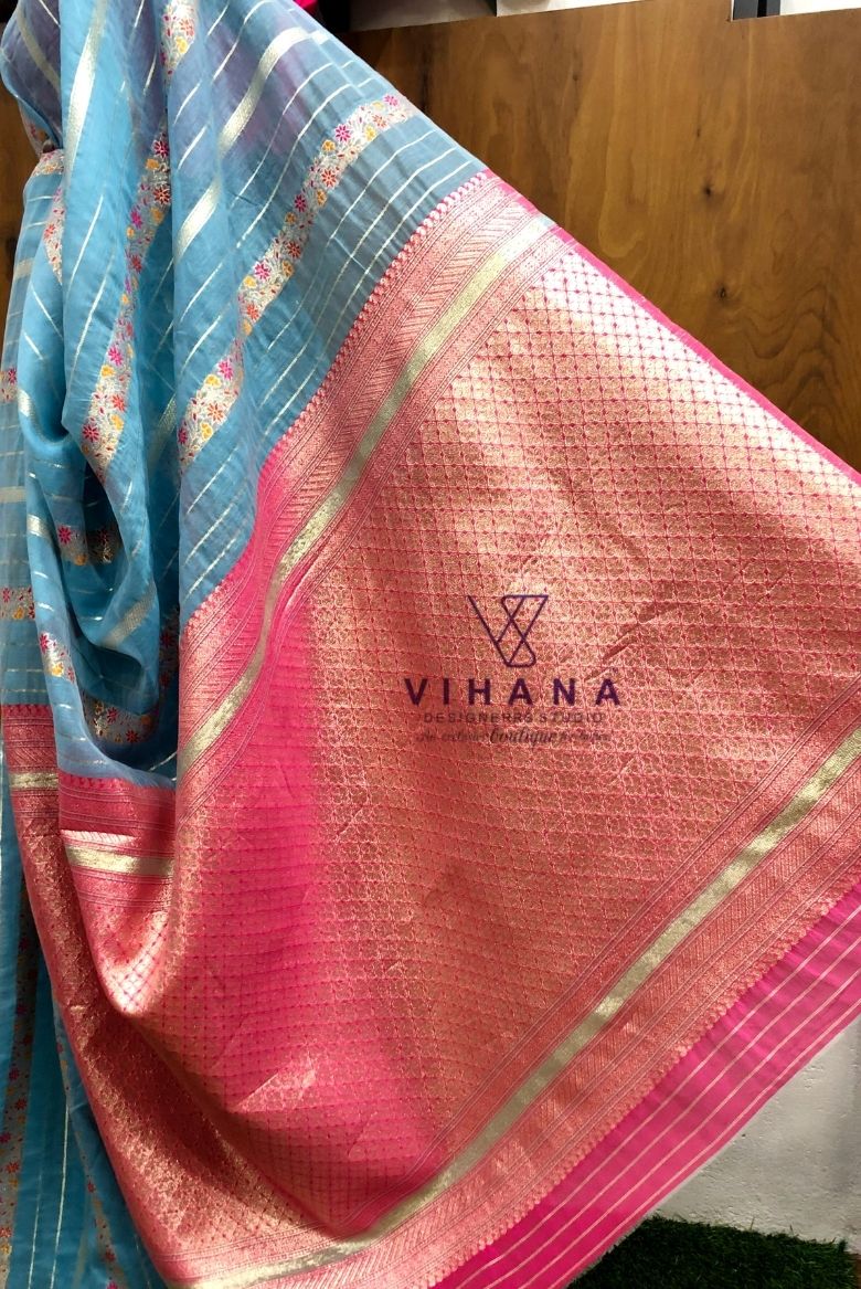 Light Blue Linen Cotton Saree - Image 5