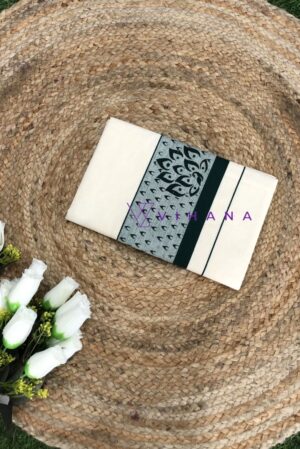 Elegant Kerala Cotton Set Saree with Intricate Dark Green and Gray Border Designs