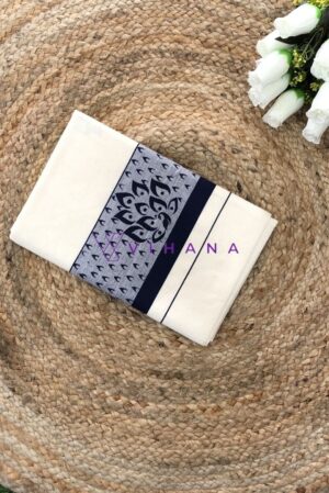 Elegant Kerala Cotton Set Saree with Intricate Dark Blue and Gray Border Designs