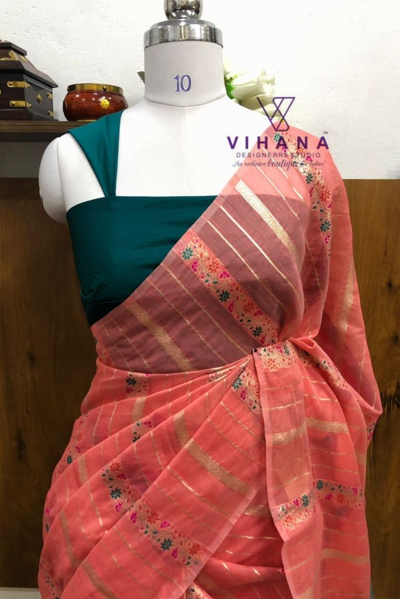 Light Peach Linen Cotton Saree - Image 3