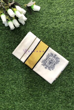 Kerala Kasavu Set Saree with Gold, Black Borders and Floral Embroidery