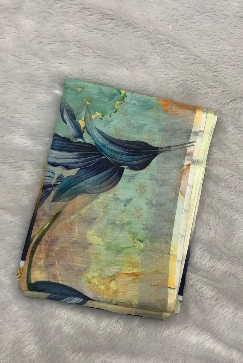 Multicolored Linen Cotton 3D Print Saree - Image 2