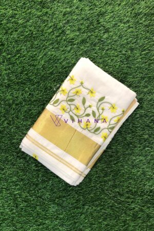 Traditional Kerala Cotton Set Saree- Kanikonna Floral Embroidery