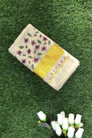 Kerala Golden Tissue Set Saree with Violet Floral Motifs