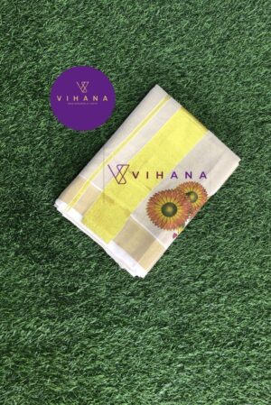 Kerala Golden Tissue Sunflower Print Set Saree