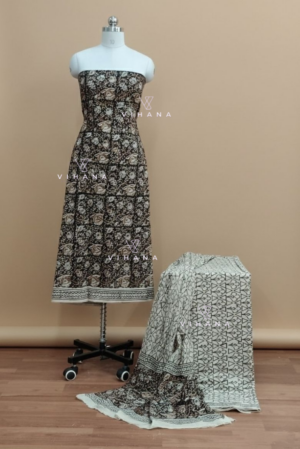 Earthy Black Bagru Hand Block Printed Cotton Salwar Suit  Material