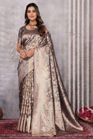 Gold & Dark Blue Silk blend floral woven design Banarasi Saree with Blouse Piece