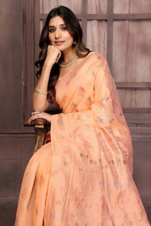 Peach cotton linen Ehtinic print woven design Kanjivaram Saree with Blouse Piece