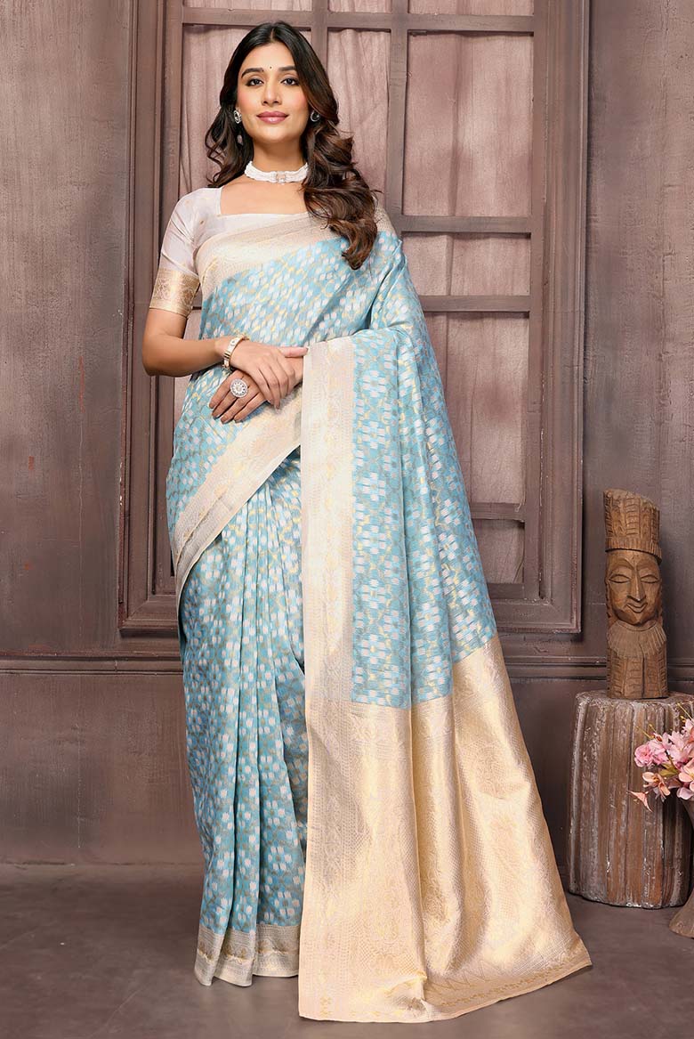 Light Blue Cotton ethnic motifs woven design woven Saree with Blouse piece