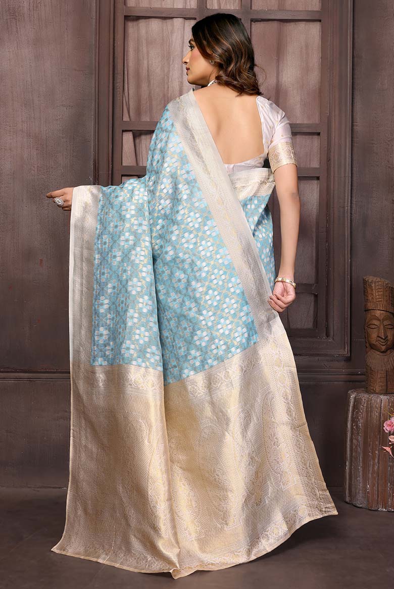 Light Blue Cotton ethnic motifs woven design woven Saree with Blouse piece - Image 3