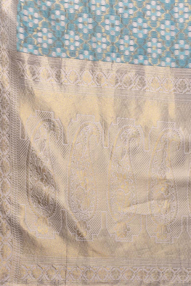 Light Blue Cotton ethnic motifs woven design woven Saree with Blouse piece - Image 4
