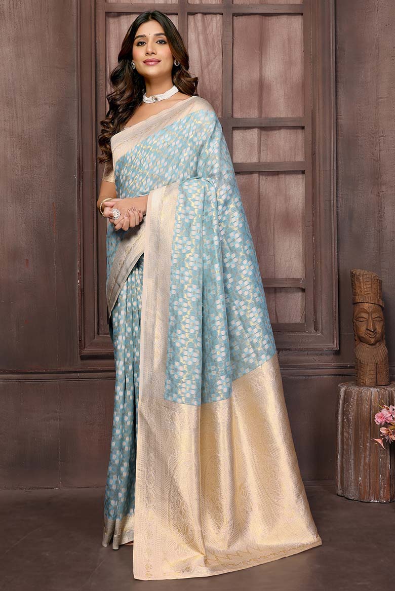 Light Blue Cotton ethnic motifs woven design woven Saree with Blouse piece - Image 5