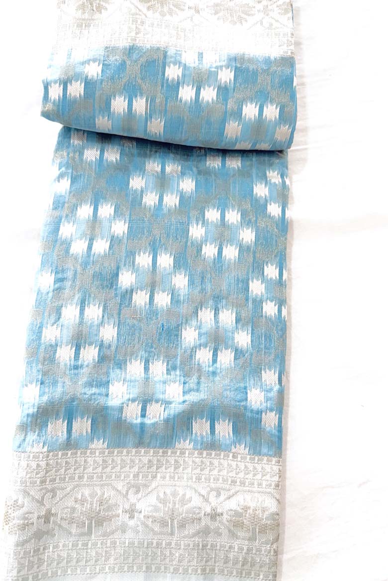 Light Blue Cotton ethnic motifs woven design woven Saree with Blouse piece - Image 6