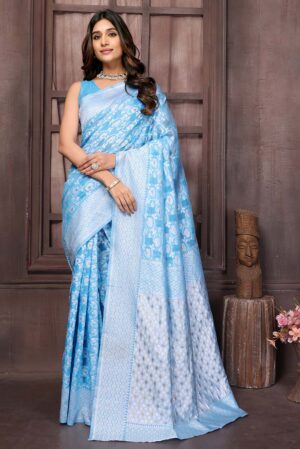 Light Blue Cotton Floral Woven Designed Saree with Blouse Piece
