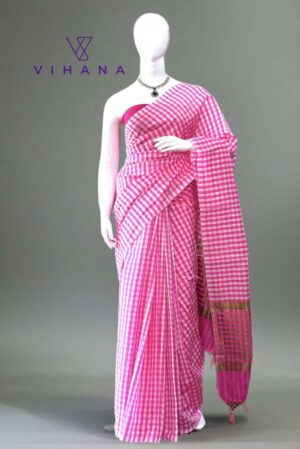 Pink and Silver checkered cotton silk Saree with blouse piece
