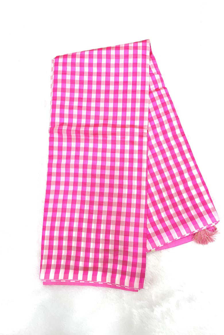 Pink and Silver checkered cotton silk Saree with blouse piece - Image 5
