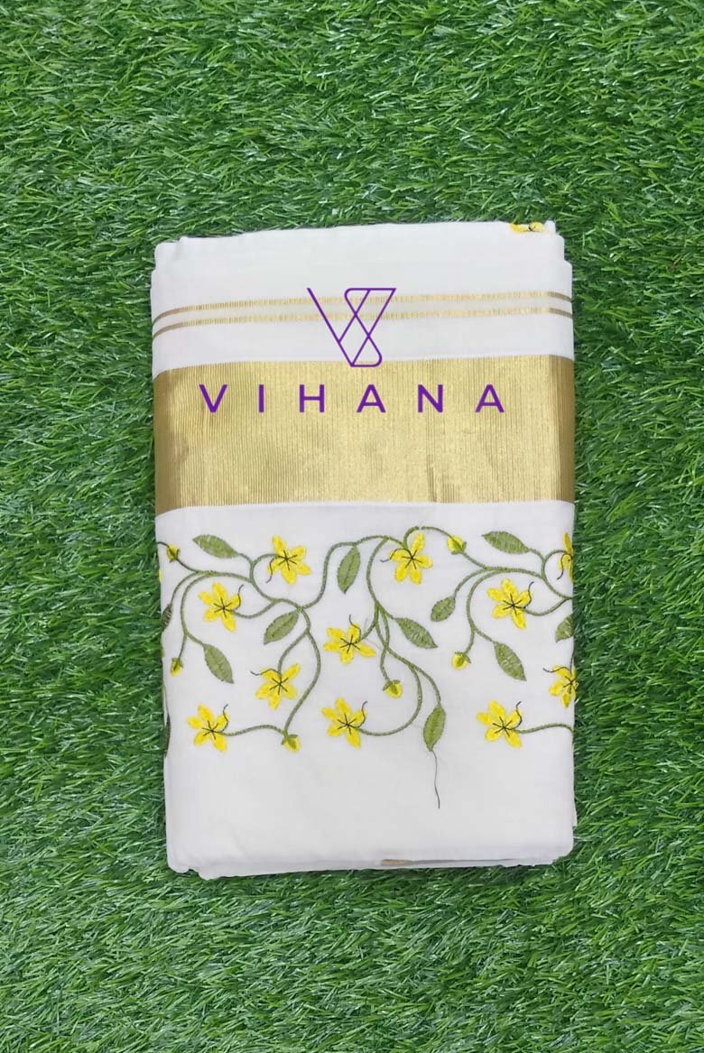 Kerala Traditional cotton set saree, embroidery design with running blouse