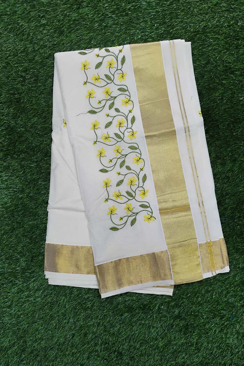 Kerala Traditional cotton set saree, embroidery design with running blouse - Image 2