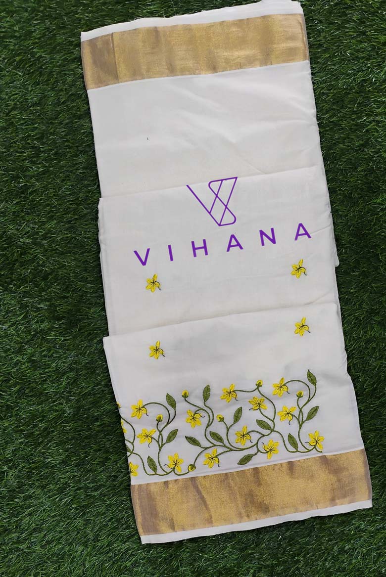 Kerala Traditional cotton set saree, embroidery design with running blouse - Image 3