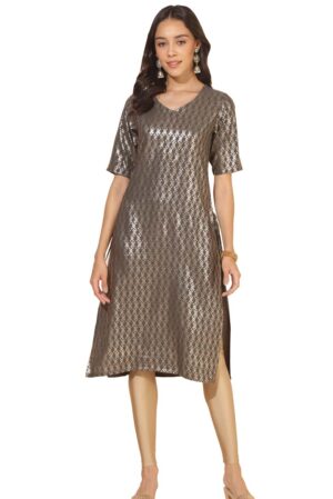 Grey Crepe Foil Printed Straight Kurta