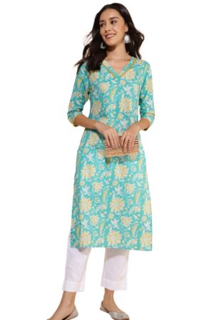 Aqua Blue Cotton Floral Printed Straight Kurta