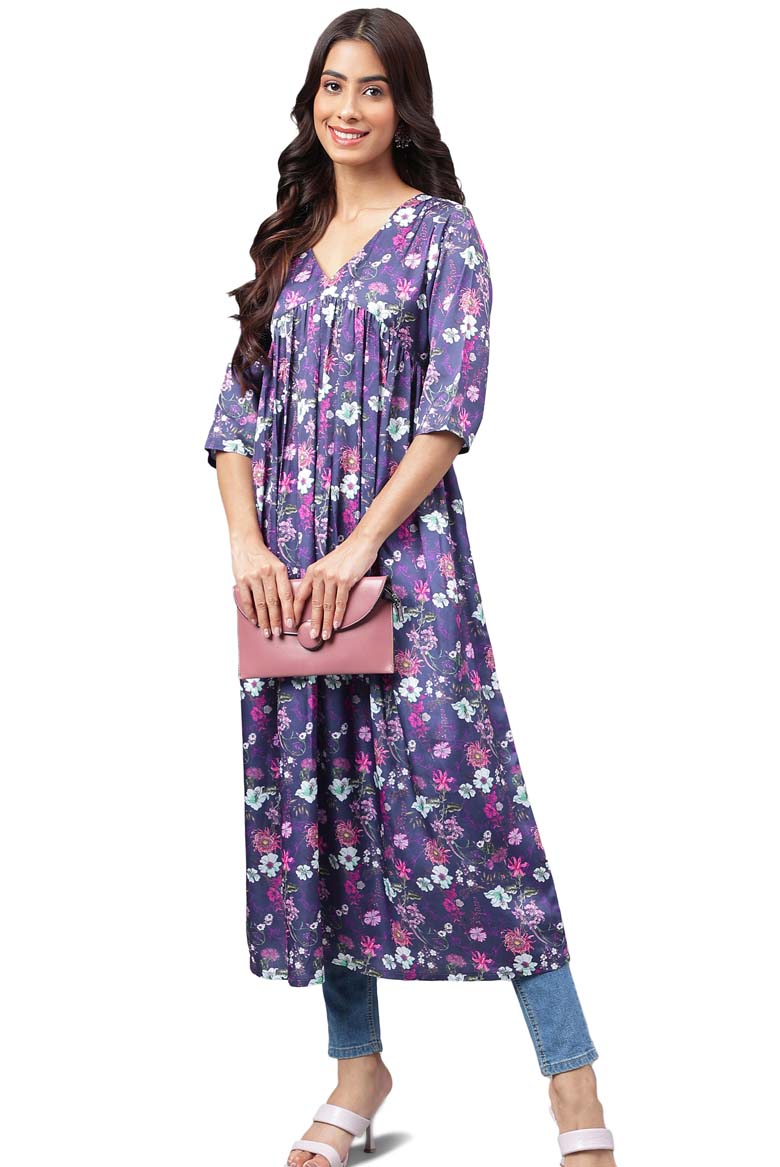 Navy Blue Satin Digital Floral Printed Gathered Kurta