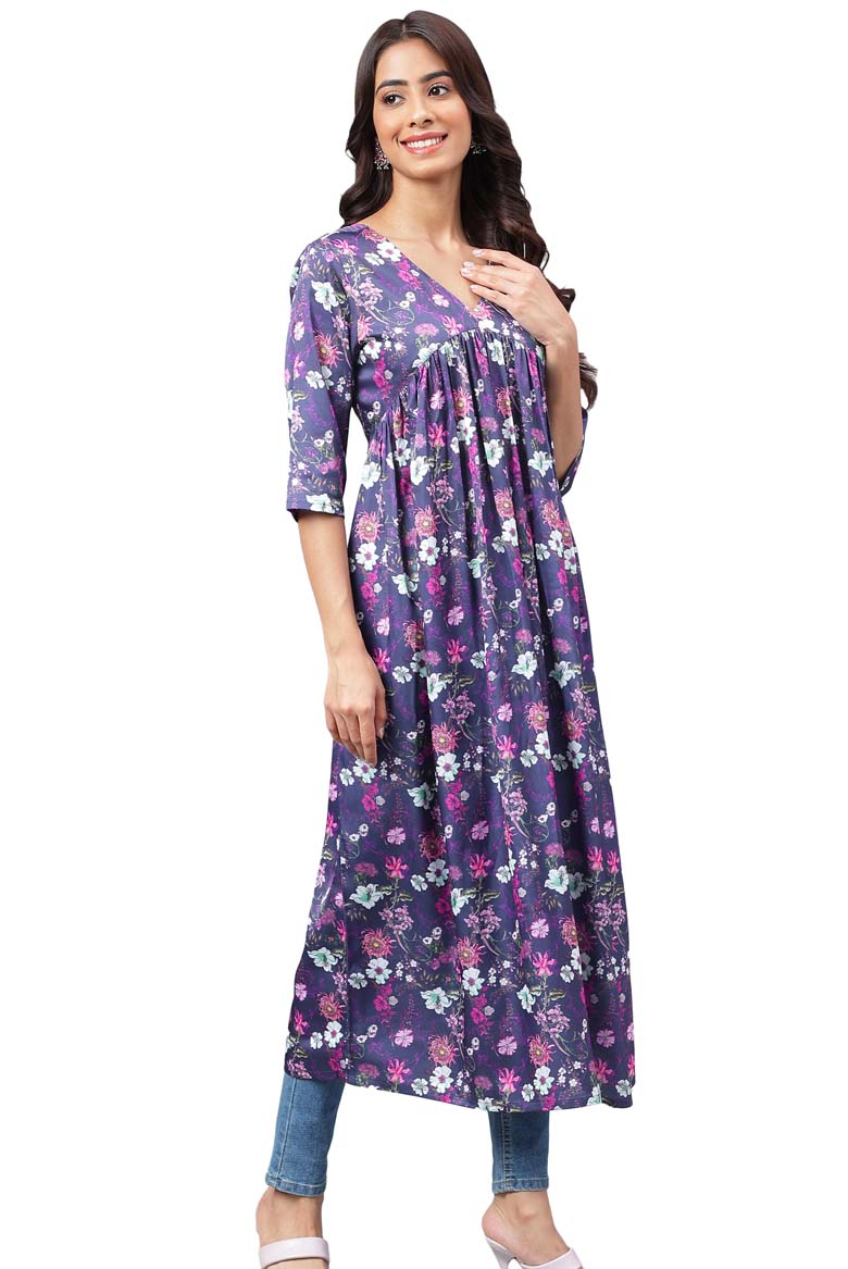 Navy Blue Satin Digital Floral Printed Gathered Kurta - Image 2