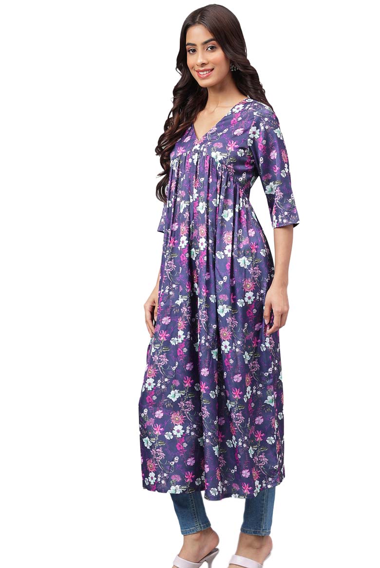 Navy Blue Satin Digital Floral Printed Gathered Kurta - Image 3