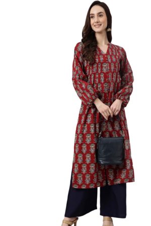 Women's Maroon Cotton Floral Print Flared Kurta