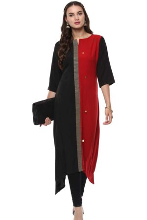 Black And Red Poly Crepe Asymmetric Kurta