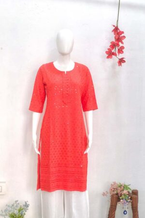 Premium Viscose Rayon Lucknowi Chikankari Embroidered with Sequin Work Straight Kurta for Women