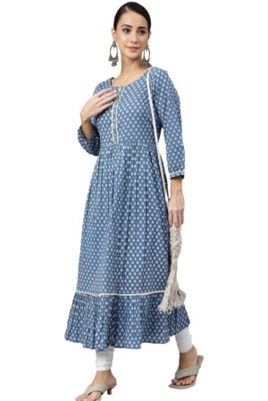 Janasya Women's Blue Cotton Ethnic Motifs Flared Kurta