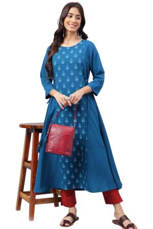 Womens Teal Blue Crepe Ethnic Motif Printed A-Line Kurta