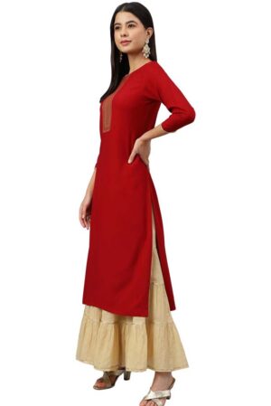 Maroon Rayon Solid Straight Kurta