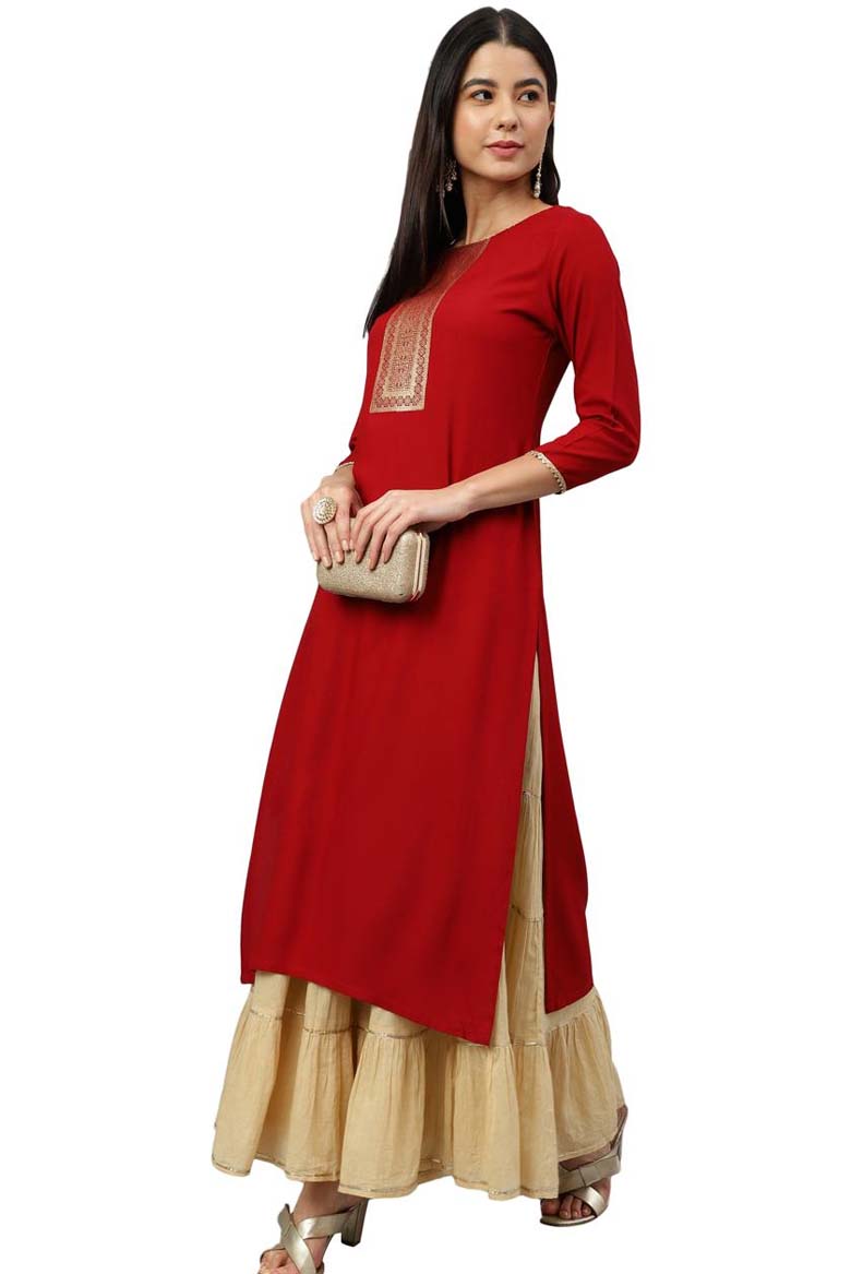 Maroon Rayon Solid Straight Kurta - Image 3