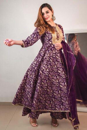 Floral Cotton Round Neck Women's Kurta Palazzo Dupatta Set