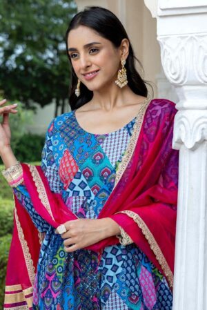 Blue Cotton Ethnic Printed Kurta With Pant And Dupatta