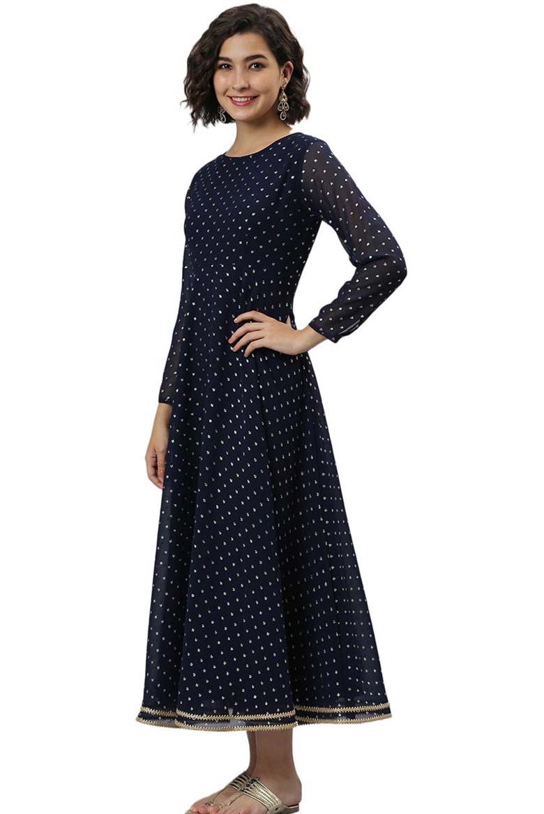 Navy Blue Poly Georgette Foil Print Kurta With Dupatta