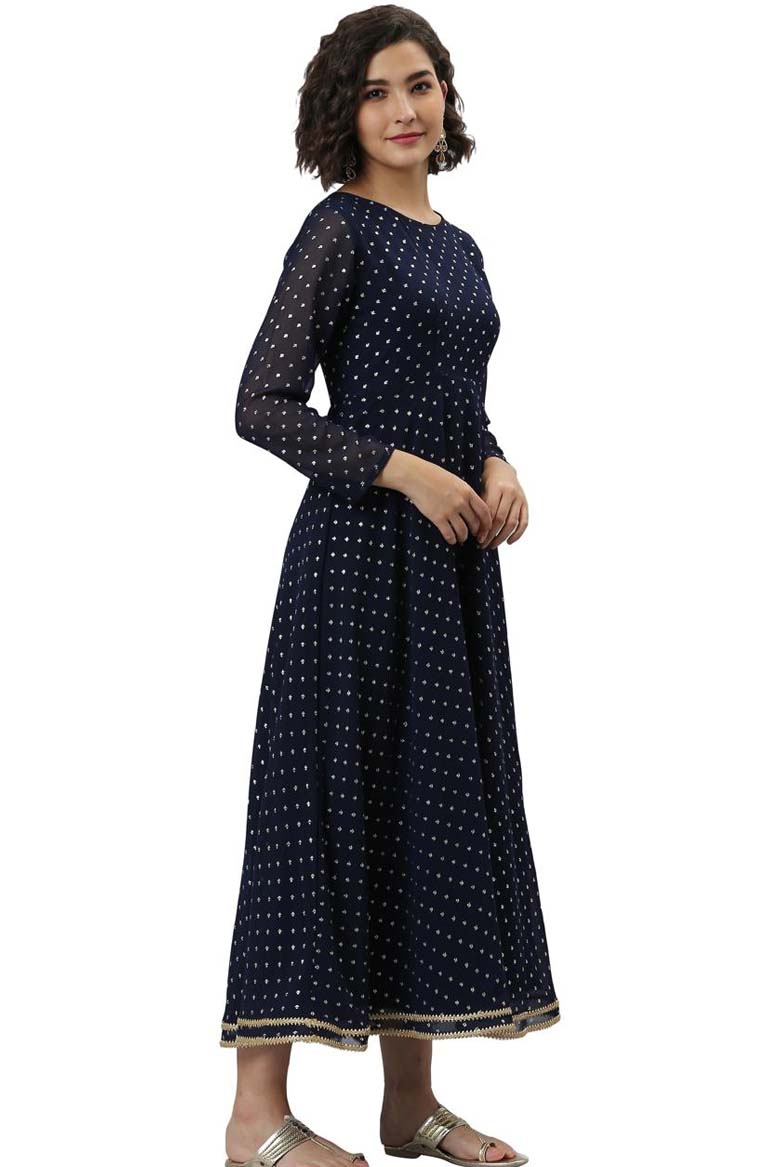 Navy Blue Poly Georgette Foil Print Kurta With Dupatta - Image 2
