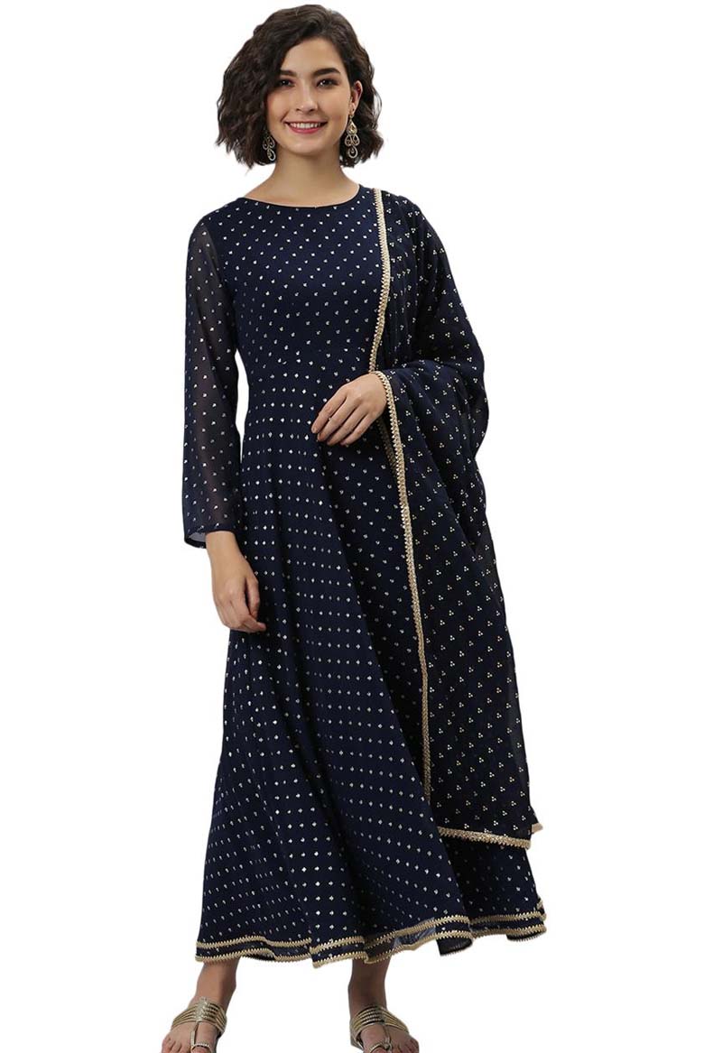 Navy Blue Poly Georgette Foil Print Kurta With Dupatta - Image 3