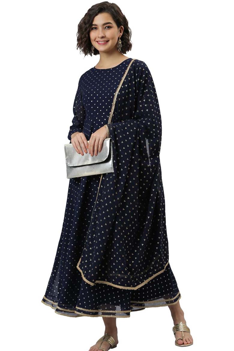 Navy Blue Poly Georgette Foil Print Kurta With Dupatta - Image 4