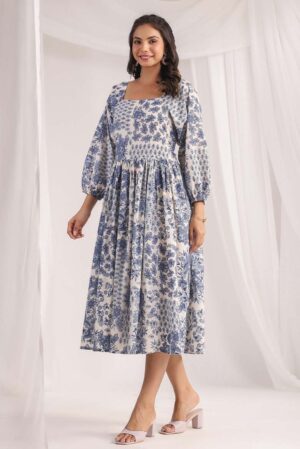 Off White Cotton Floral Gathered Dress