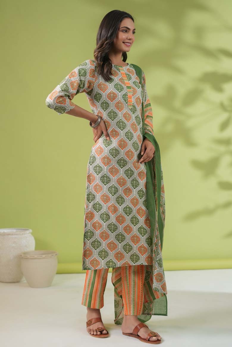 White Cotton Blend Printed Straight Kurta Set