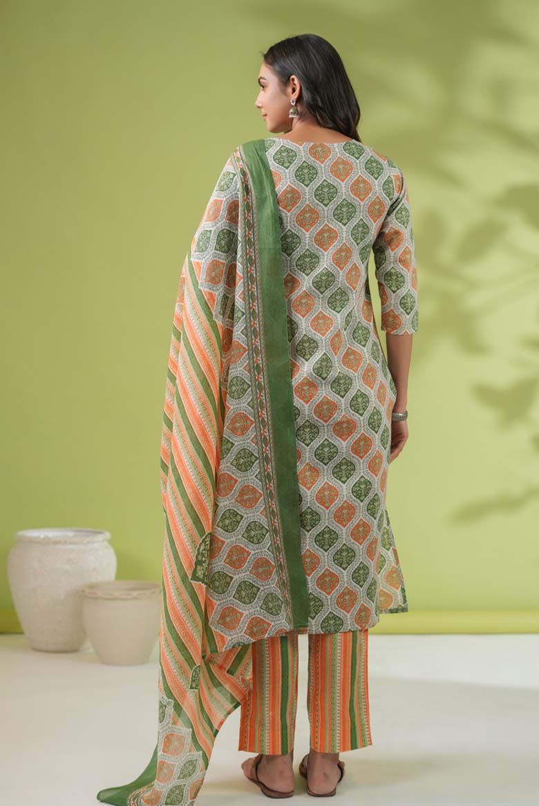 White Cotton Blend Printed Straight Kurta Set - Image 3