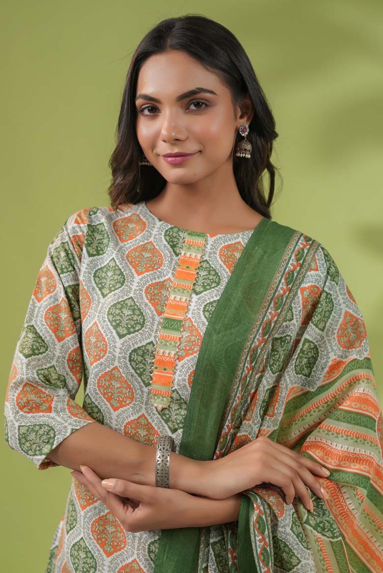 White Cotton Blend Printed Straight Kurta Set - Image 8