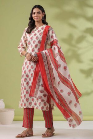 Cream Cotton Blend Ethnic Motifs Regular Kurta Set